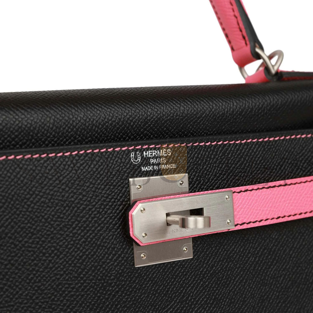 HERMÈS KELLY 25 BLACK AND ROSE AZALEE EPSOM HARDWARE (25*17*7cm)